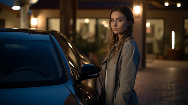 Foto la ragazza sta aspettando che la sua auto elettrica si ricarichi creato con la tecnologia generative ai