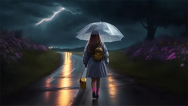 A girl is walking along the road with an umbrella