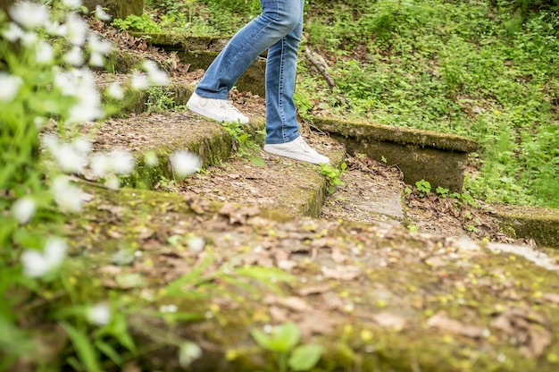 女の子は森の公園で苔や草が生い茂った古い階段を歩いています