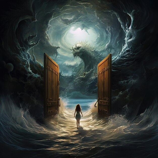 The girl is walking towards a door leading out to a big wave