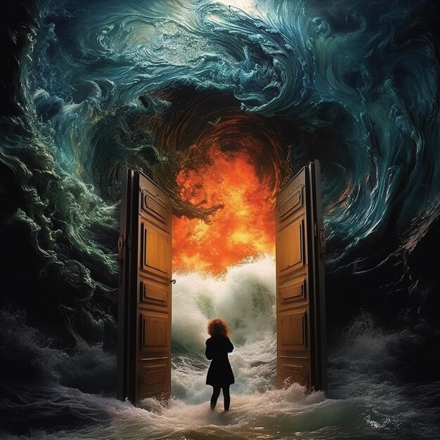 The girl is walking towards a door leading out to a big wave