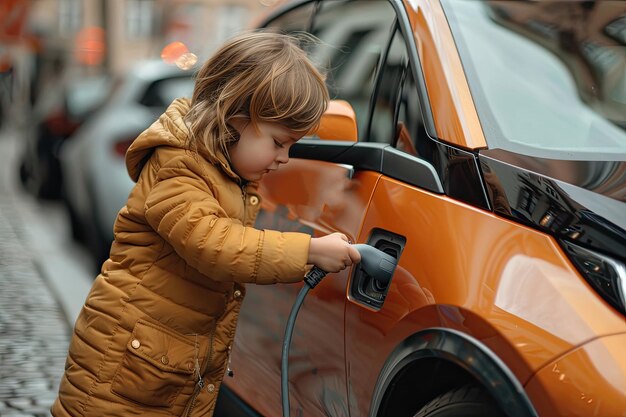 Foto la ragazza sta guardando la ricarica di un'auto elettrica