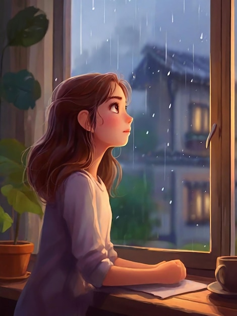 女の子が家の窓から外の雨を見ている