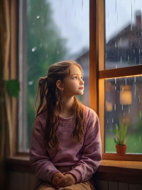 Девушка смотрит на дождь снаружи из окна дома