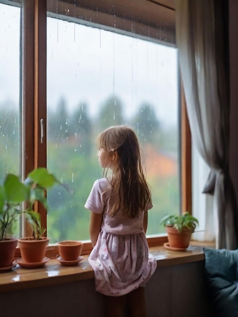 女の子が家の窓から外の雨を見ている