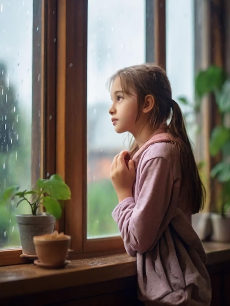 女の子が家の窓から外の雨を見ている