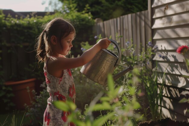 Photo girl is watering flowers from a watering can in the garden