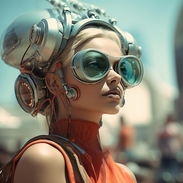 Photo girl is wearing a sleek metallic outfit in futuristic setting ai generated