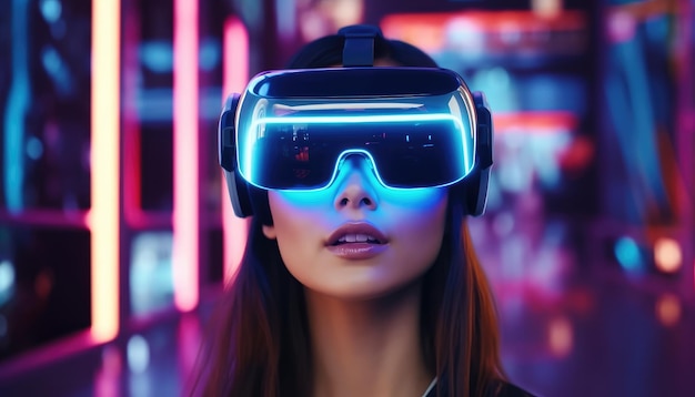 Девушка носит очки виртуальной реальности или головной убор VR и играет в кибер-городе виртуальной реальности