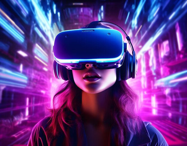 Girl is wearing a vr glasses premium vector