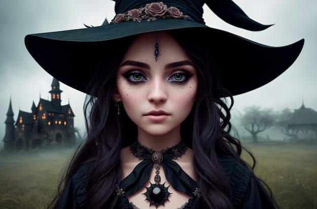 The girl is a witch Portrait of a beautiful woman in a stylish outfit Generative AI