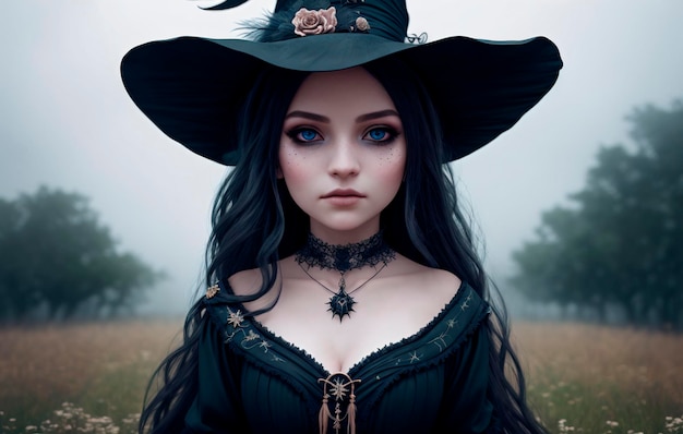 The girl is a witch Portrait of a beautiful woman in a stylish outfit Generative AI