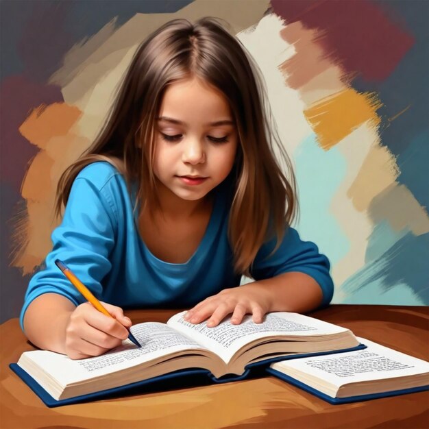 Photo a girl is writing in a book with a pencil in her hand