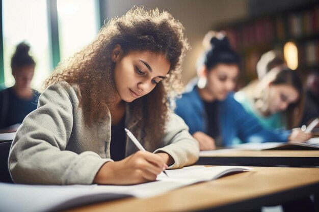 Photo a girl is writing in a notebook with other students in the background