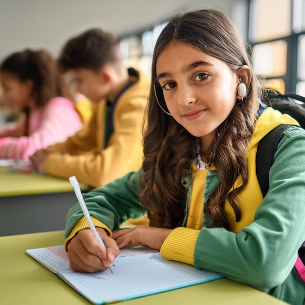 a girl is writing in a notebook with a pen in her hand