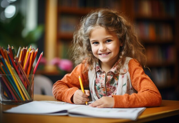 Photo girl is writing on paper