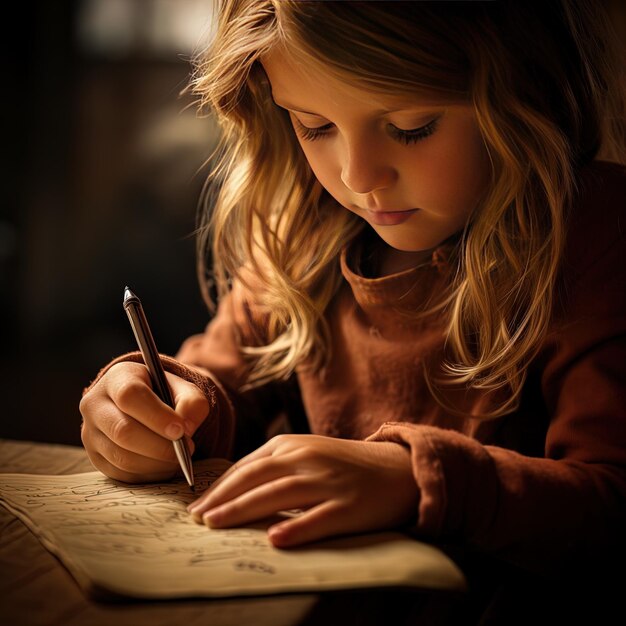 Foto una ragazza sta scrivendo su un pezzo di carta con una penna