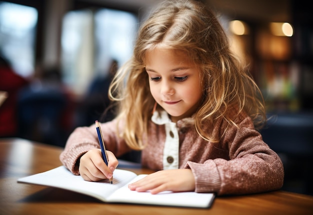 Photo girl is writing with pencil on a notebook