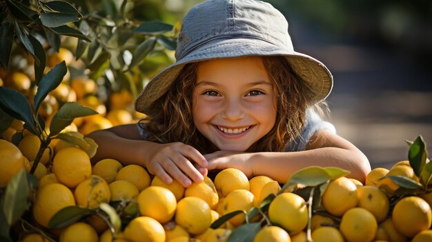 girl in a joyful mood with lemons in her eyes harvesting