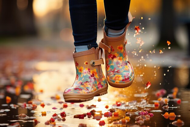 Photo girl jumping on water while raining