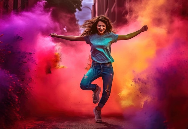 girl jumping while throwing colored powder in the style of indian pop culture