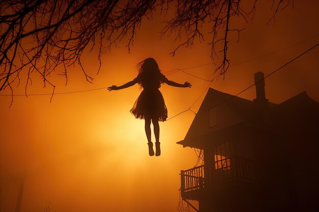 Photo a girl jumps from a house with the sun behind her