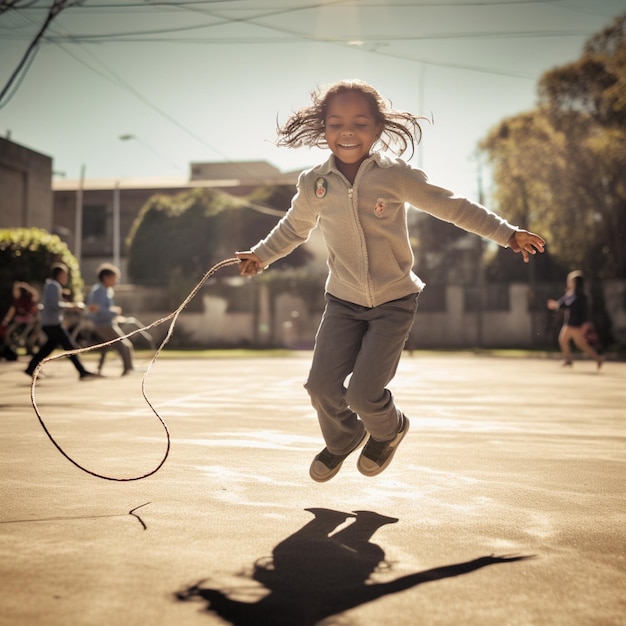 A girl jumps with a rope in her hand.