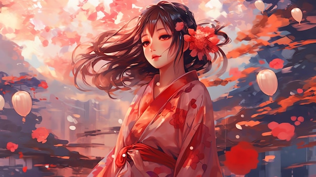 A girl in kimono anime illustration