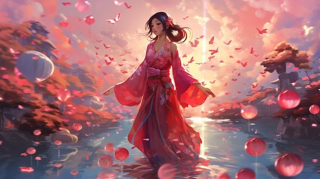 Девушка в аниме иллюстрации кимоно