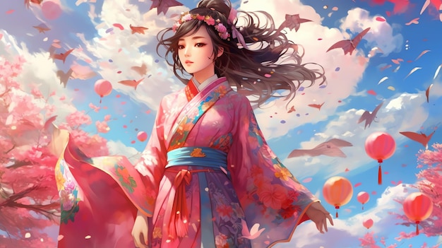Девушка в аниме иллюстрации кимоно