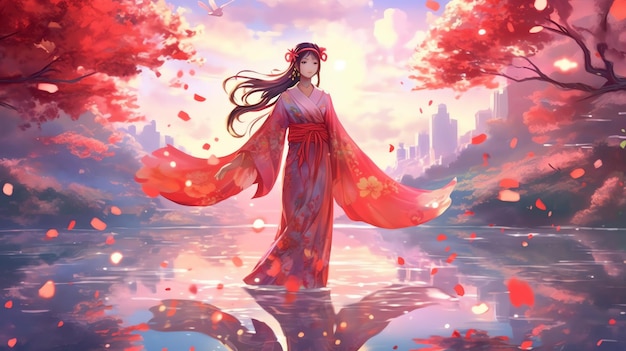 A girl in kimono anime illustration