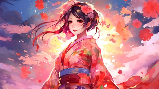 A girl in kimono anime illustration