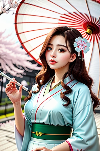 A girl in a kimono holding an umbrella