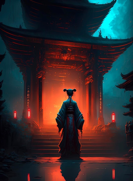 Girl in a kimono standing in front of a temple cyberpunk