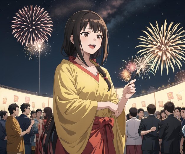 A girl in a kimono stands in front of fireworks