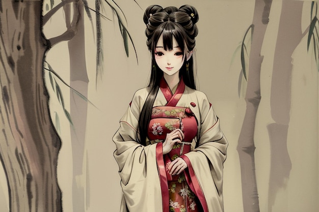 A girl in a kimono stands in front of a forest.