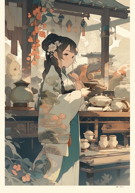 A girl in a kimono stands in front of a table with a bowl of food.