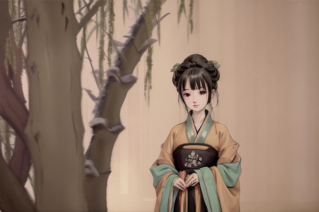 A girl in a kimono stands in front of a tree.