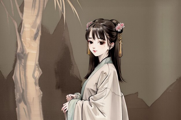 A girl in a kimono stands next to a tree.