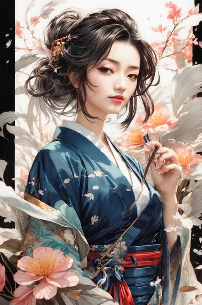 a girl in a kimono with a blue kimono.