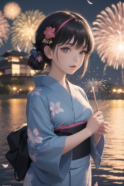 A girl in a kimono with fireworks in the background