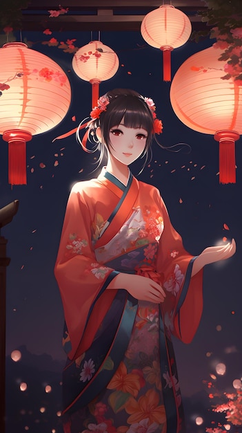 A girl in a kimono with flowers on her head