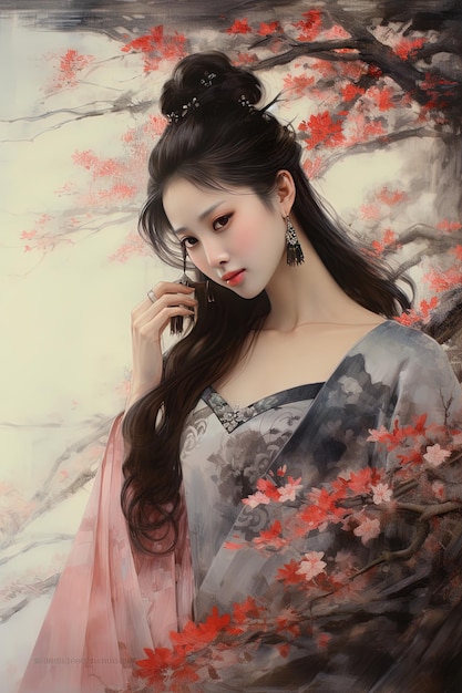 a girl in a kimono with flowers