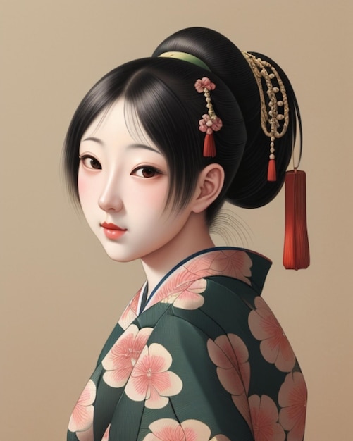 a girl in a kimono with a pink flower on her hair.