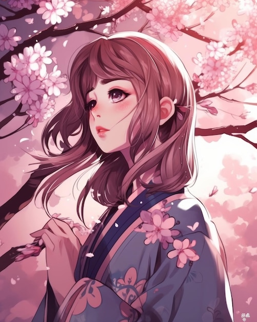 A girl in a kimono with pink flowers