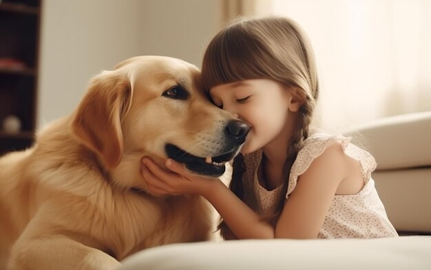 A girl kissing a dog on a bed