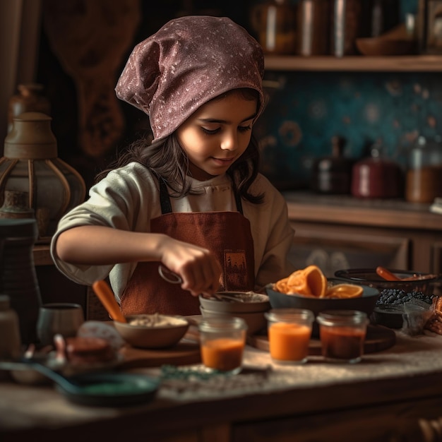 A girl in a kitchen with a chef's hat and apron making food.