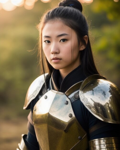 a girl in a knight costume stands in front of a forest.