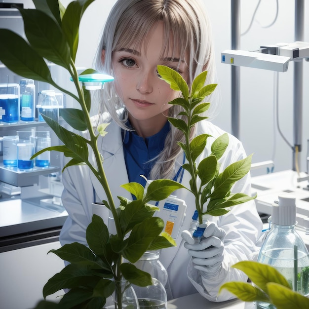 Foto una ragazza in un laboratorio con piante