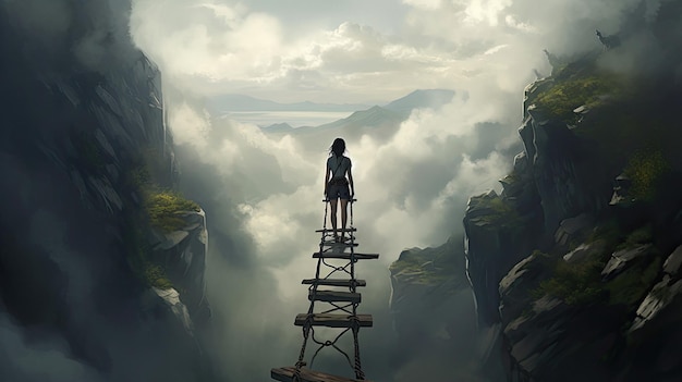 a girl on a ladder in the mountains